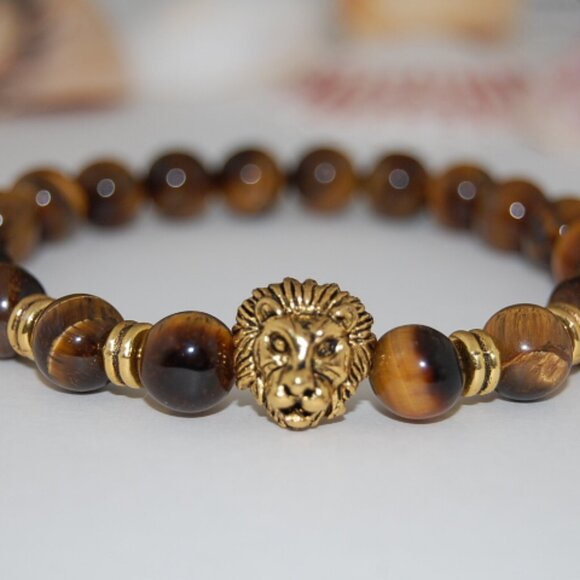 Lion Bracelet,Tiger Eye Bracelet,Lion Charm Bracelet,8mm Tiger Eye Stone Beads - Picture 2 of 2